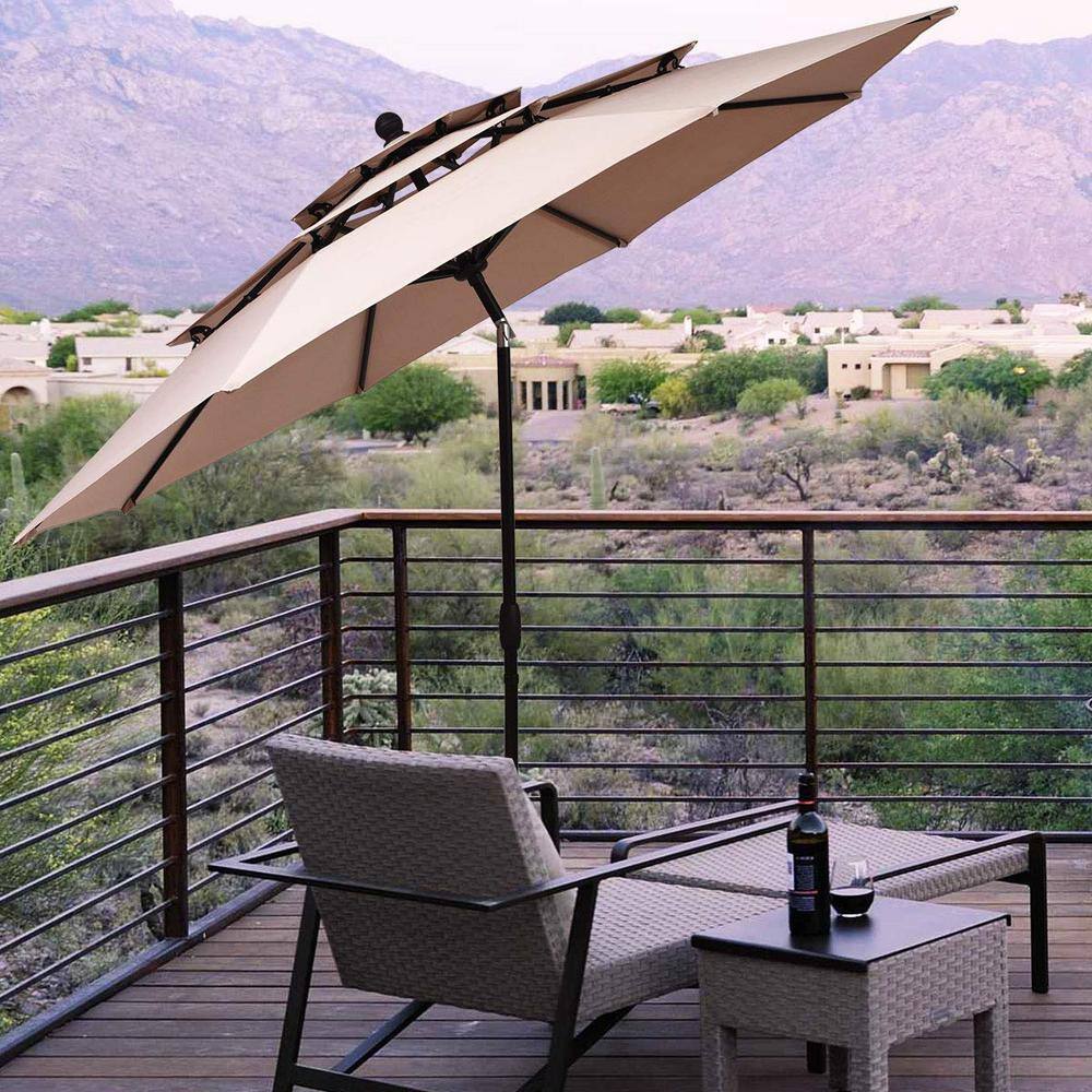 10 ft. 3-Tier Aluminum Market Patio Umbrella in Beige with Crank and Double Vented