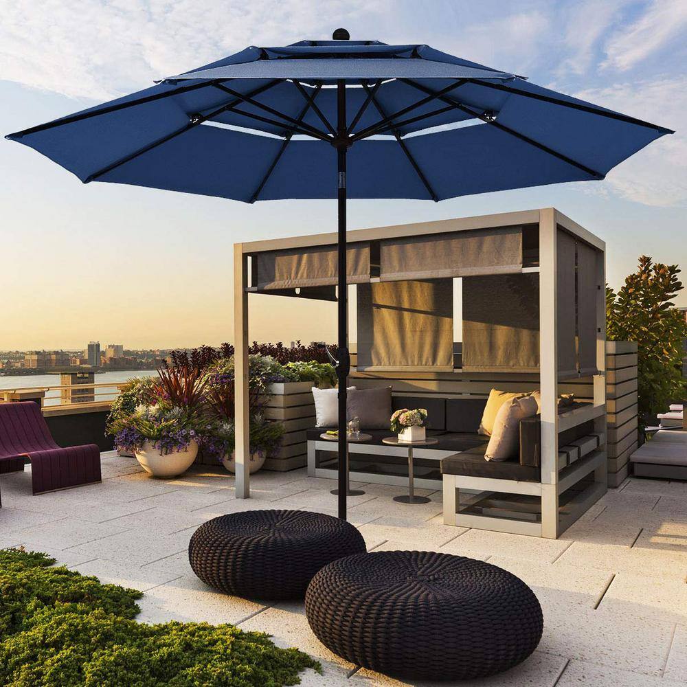 10 ft. 3-Tier Aluminum Market Patio Umbrella in Navy with Crank and Double Vented