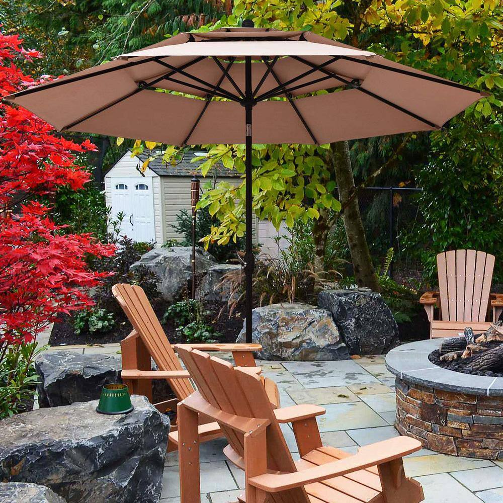 10 ft. 3-Tier Aluminum Market Patio Umbrella in Beige with Crank and Double Vented