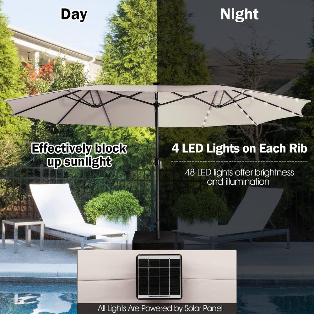 15 ft. Steel Double-Sided Market Patio Umbrella with 48 Solar LED Lights in Beige