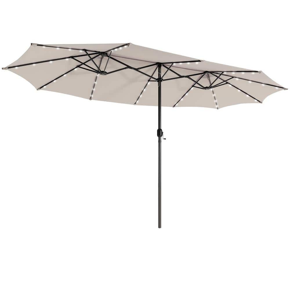 15 ft. Steel Double-Sided Market Patio Umbrella with 48 Solar LED Lights in Beige