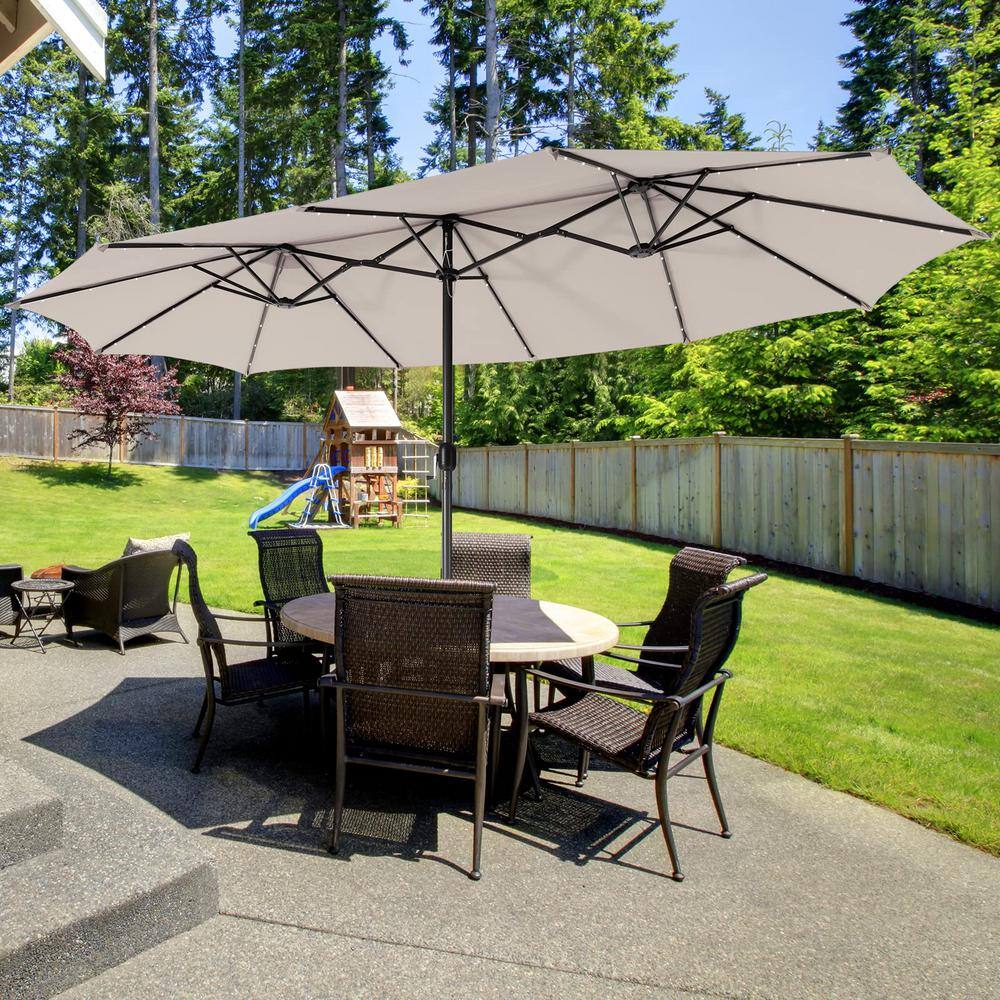 15 ft. Steel Double-Sided Market Patio Umbrella with 48 Solar LED Lights in Beige