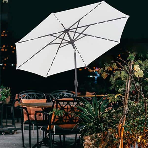 10 ft. Metal Market Solar Tilt Patio Umbrella in Cream with LED Lights