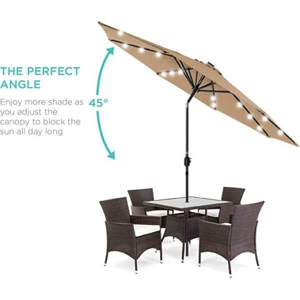 10 ft. Metal Market Solar Tilt Patio Umbrella in Beige with Crank and LED Lights