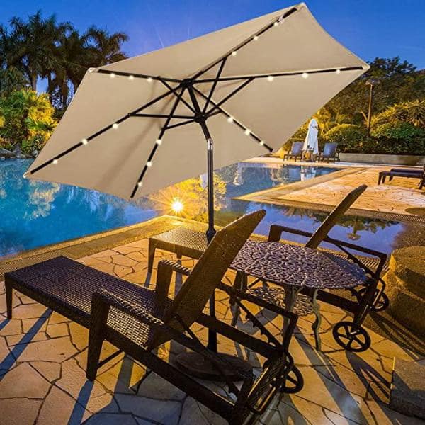 10 ft. Metal Market Solar Tilt Patio Umbrella in Beige with Crank and LED Lights