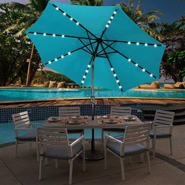 10 ft. Metal Market Solar Tilt Patio Umbrella in Turquoise with LED Lights