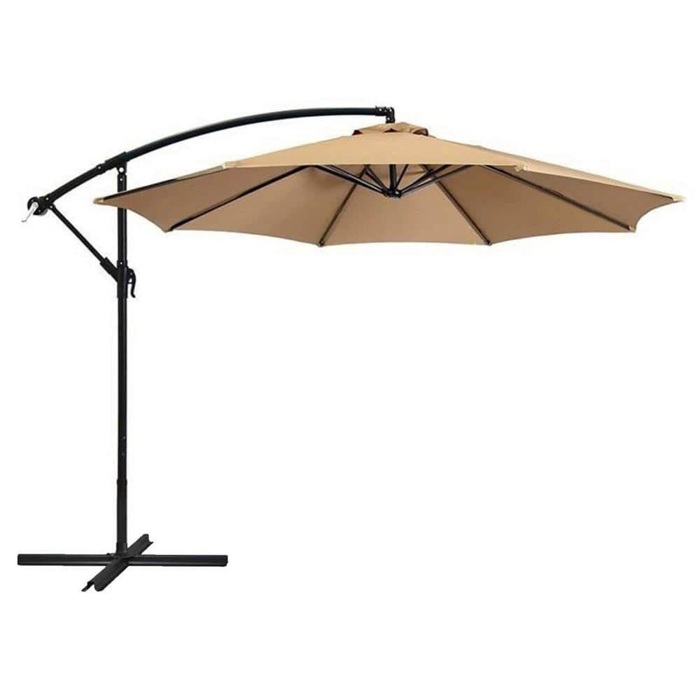 10 ft. Metal Market Hanging Patio Umbrella with Cross Base in Beige