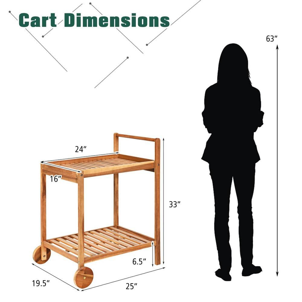 2-Tier Natural Rolling Kitchen Island Serving Cart