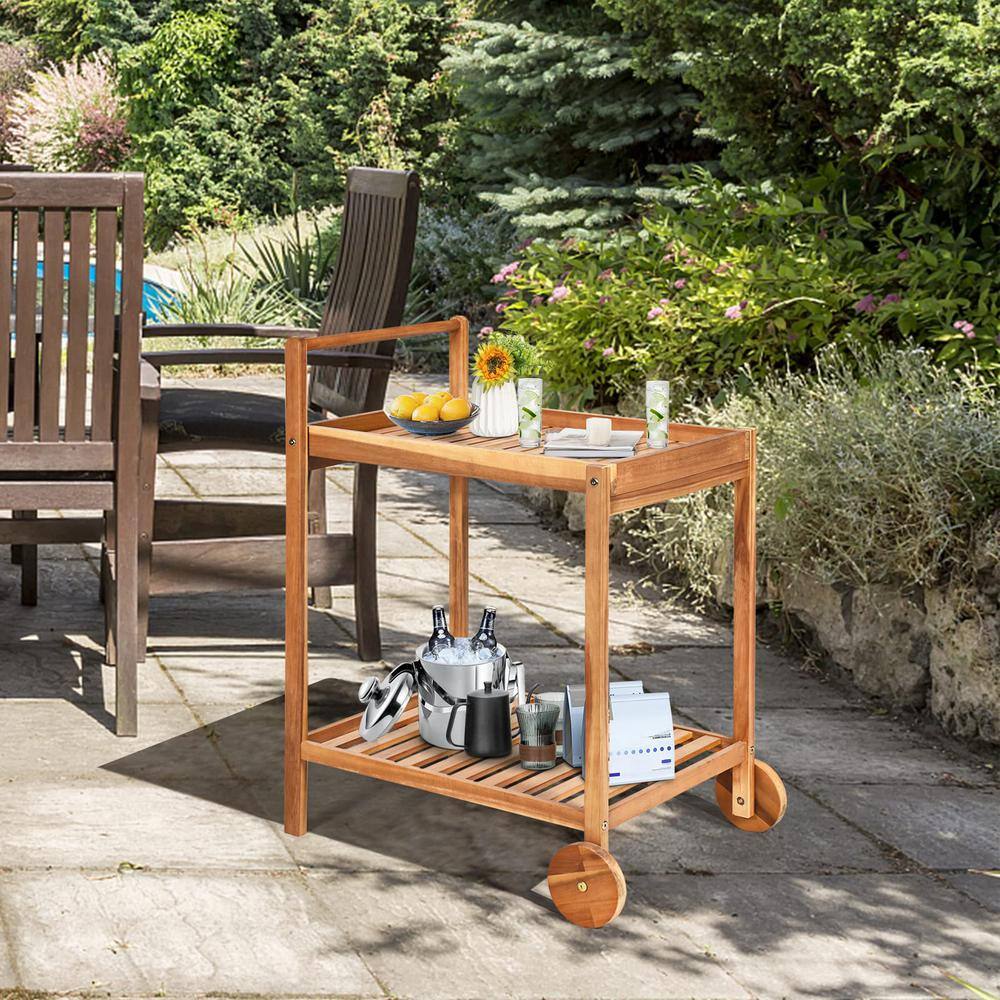 2-Tier Natural Rolling Kitchen Island Serving Cart