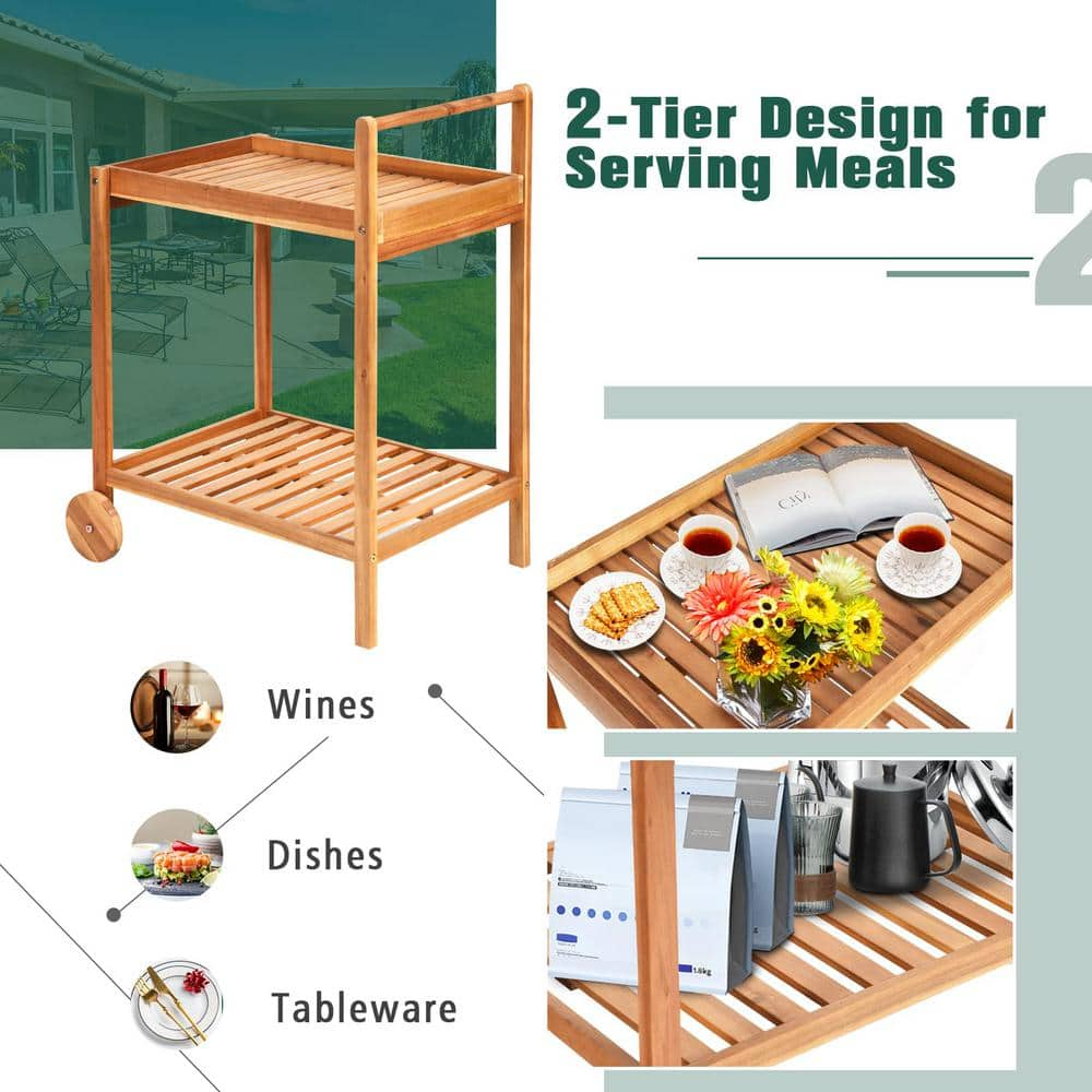 2-Tier Natural Rolling Kitchen Island Serving Cart