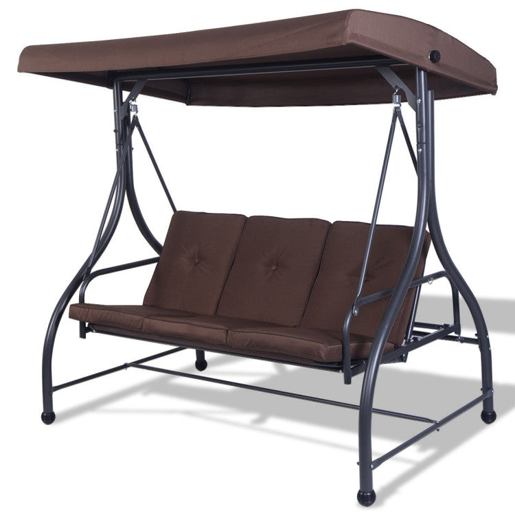 3-Person Black Metal Patio Swing with Brown Cushion