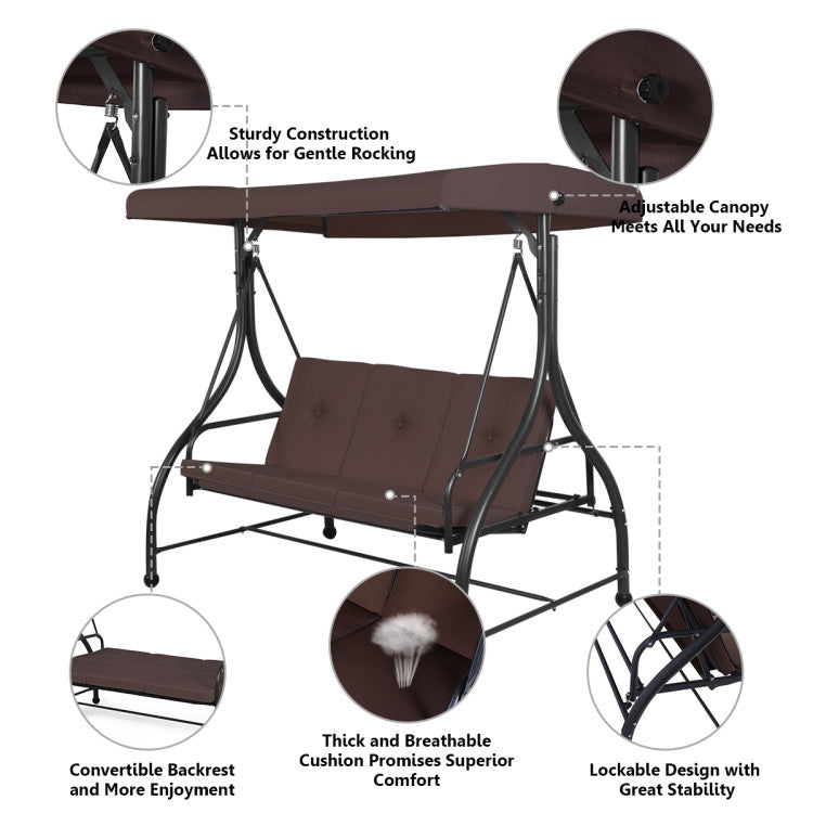 3-Person Black Metal Patio Swing with Brown Cushion