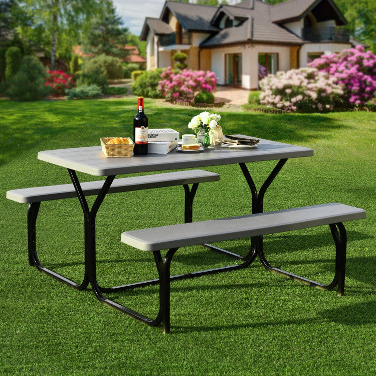 SUGIFT HDPE Outdoor Picnic Table Bench Set with Metal Base Gray