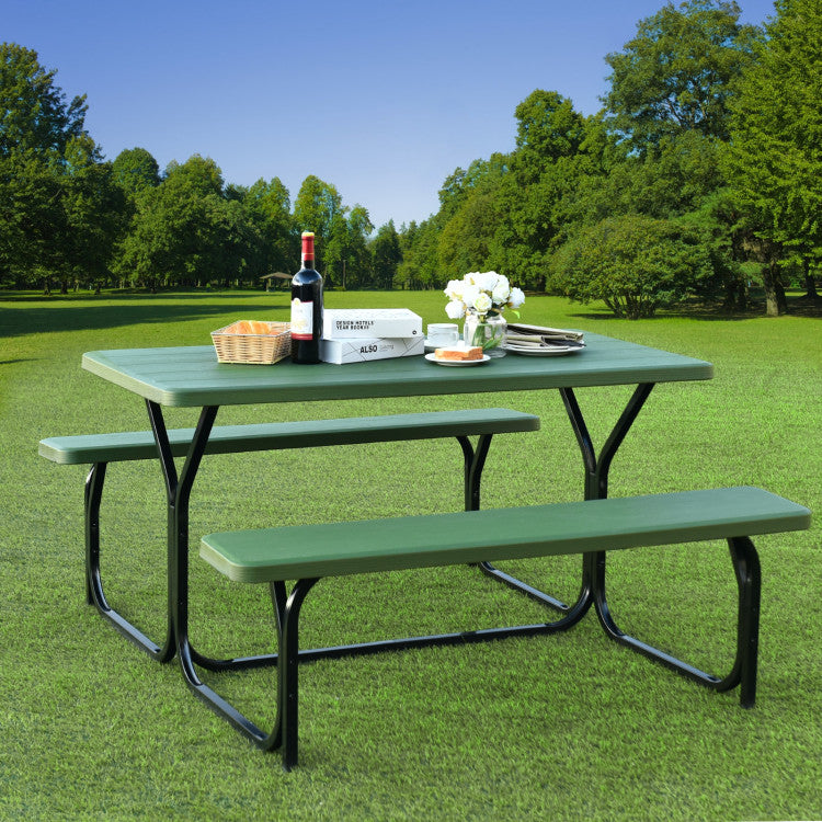 SUGIFT HDPE Outdoor Picnic Table Bench Set with Metal Base Green