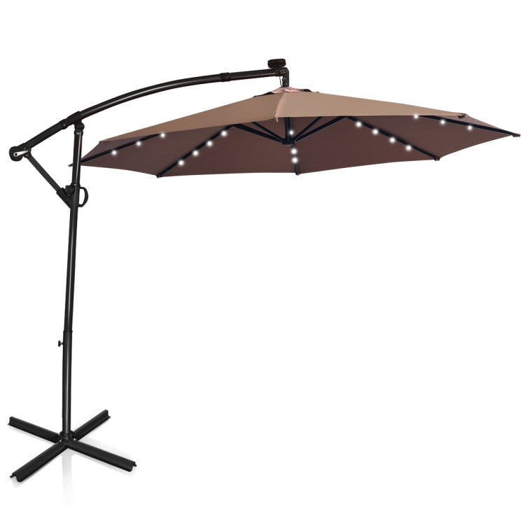 10 ft. 360-Degrees Rotation Aluminum Tilt Cantilever Patio Umbrella with LED Lights and Cross Base in Tan