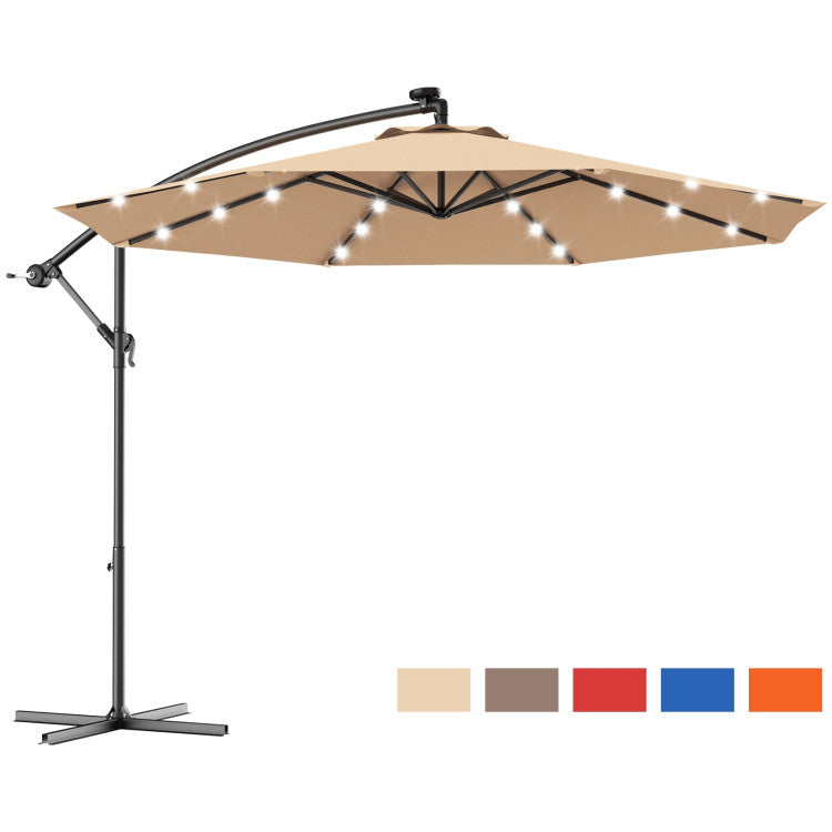 10 ft. Steel Cantilever Solar LED Outdoor Patio Umbrella with Cross Base in Beige