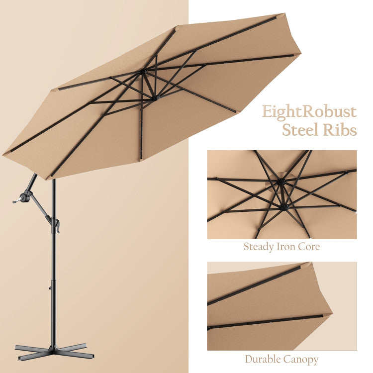 10 ft. Steel Cantilever Solar LED Outdoor Patio Umbrella with Cross Base in Beige