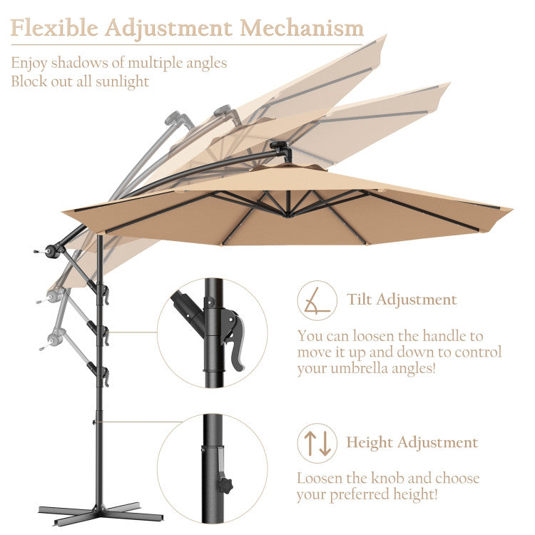 10 ft. Steel Cantilever Solar LED Outdoor Patio Umbrella with Cross Base in Beige