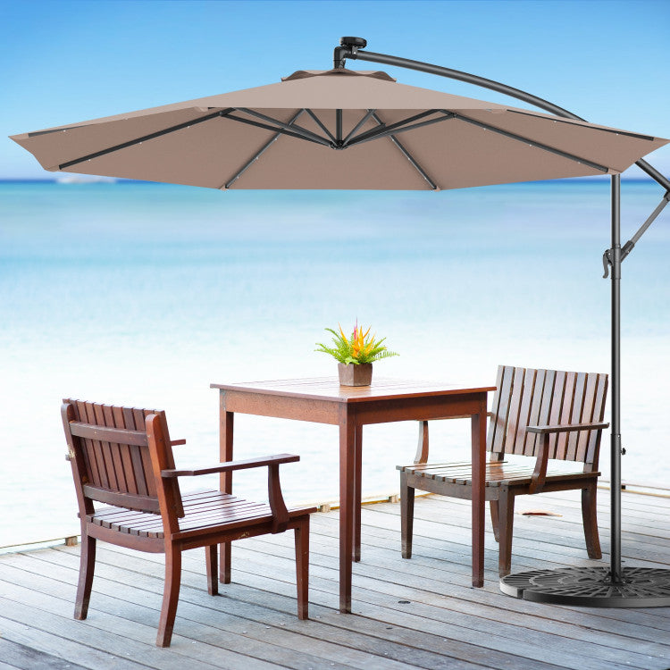 10 ft. Steel Cantilever Solar LED Outdoor Patio Umbrella with Cross Base in Tan