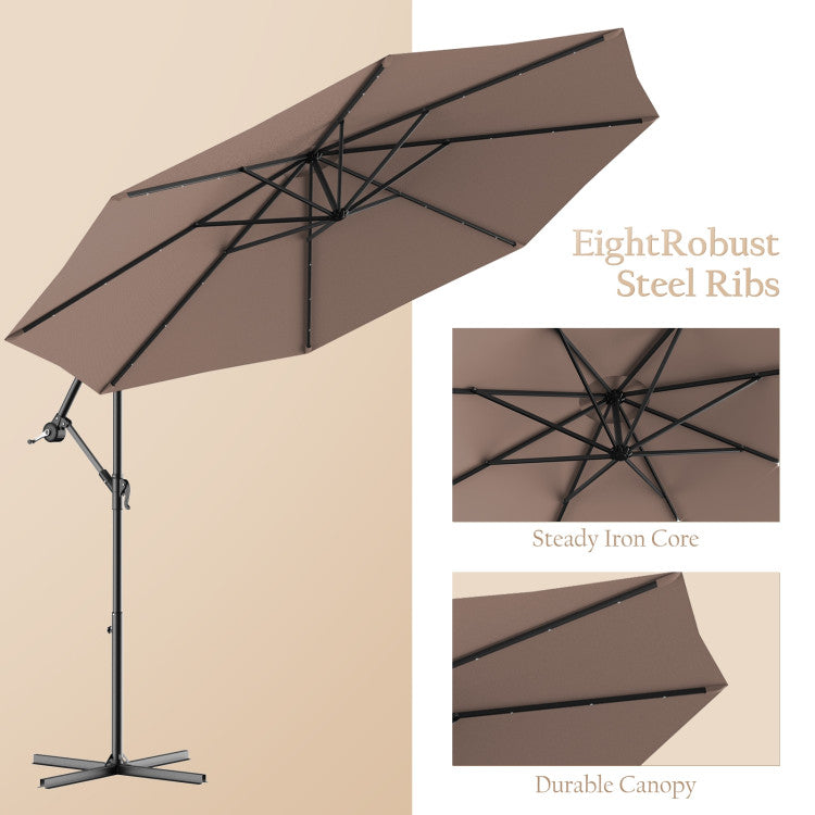 10 ft. Steel Cantilever Solar LED Outdoor Patio Umbrella with Cross Base in Tan