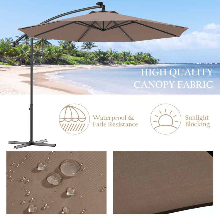 10 ft. Steel Cantilever Solar LED Outdoor Patio Umbrella with Cross Base in Tan