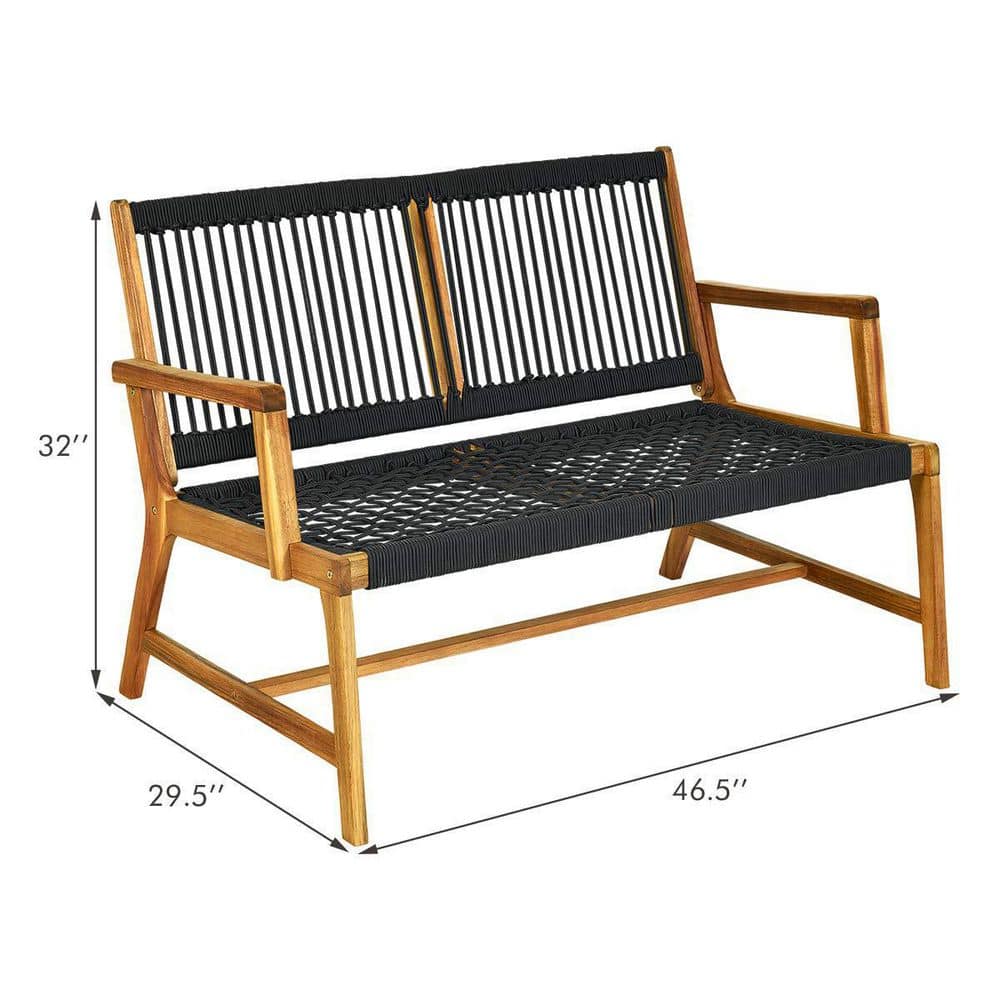 2-Person Black Acacia Wood Outdoor Bench for Balcony and Patio