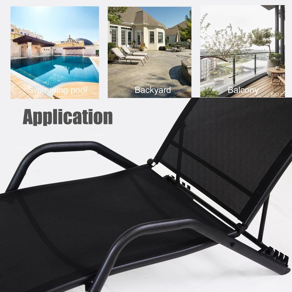 Black Metal Adjustable Mesh Outdoor Chaise Lounge