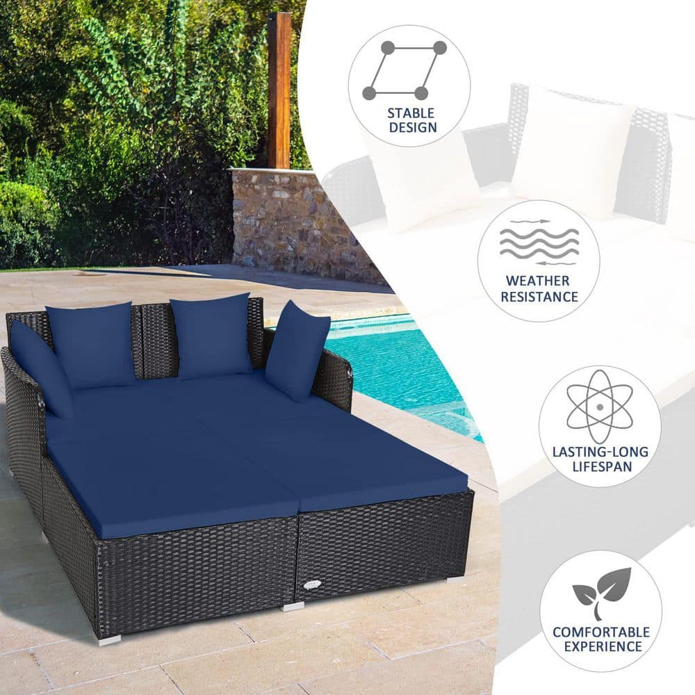 Black 1-Piece Metal Wicker Outdoor Day Bed with Navy Blue Cushions