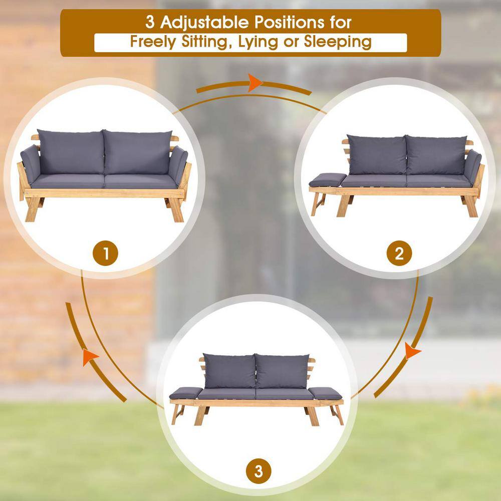 Acacia Wood Outdoor Convertible Sofa Day Bed with Gray Cushions