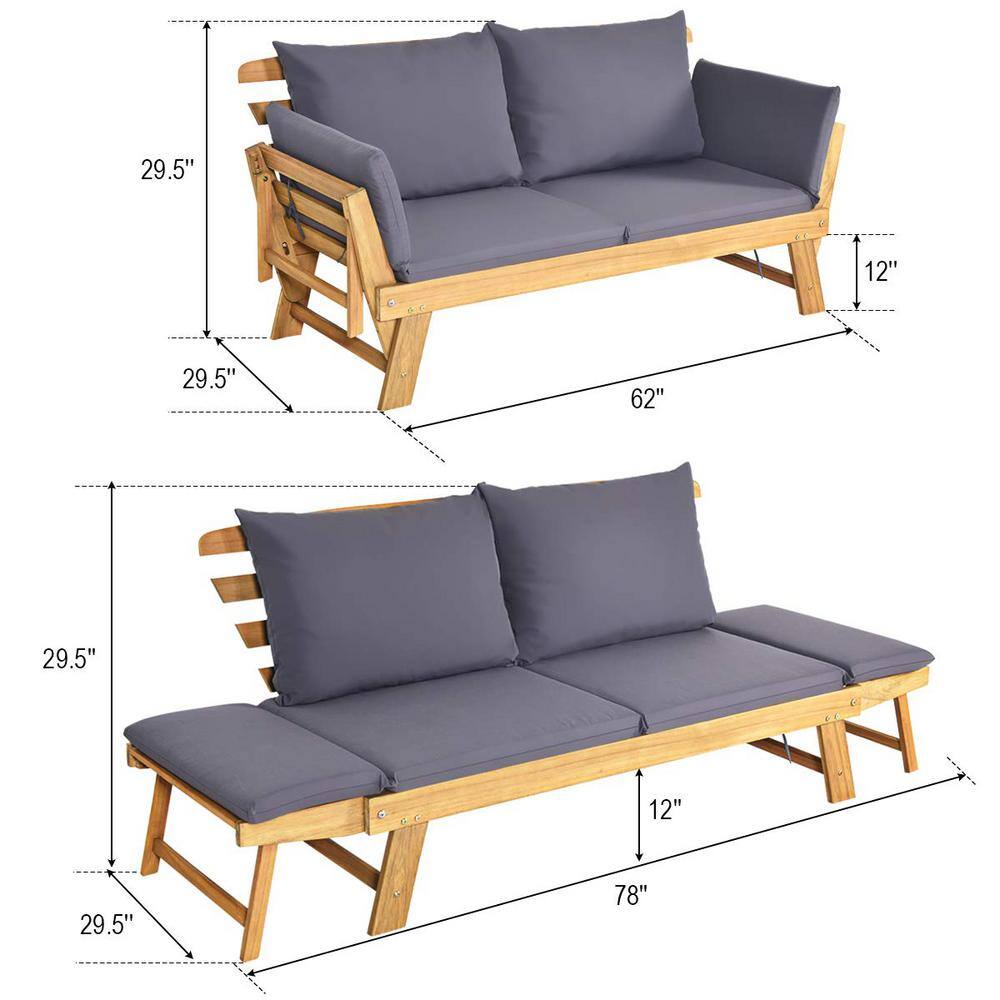 Acacia Wood Outdoor Convertible Sofa Day Bed with Gray Cushions
