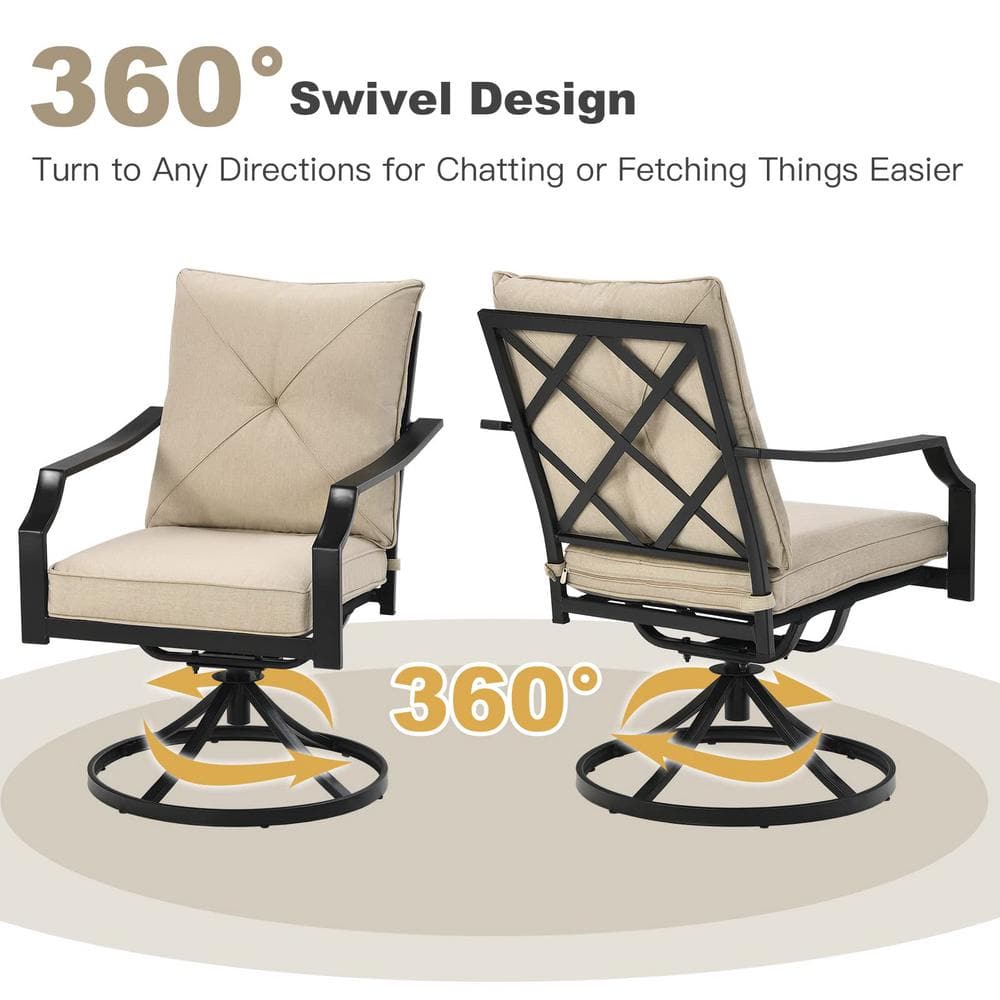Black Steel Outdoor Patio Swivel Dining Chairs with Beige Cushion (2-Pack)