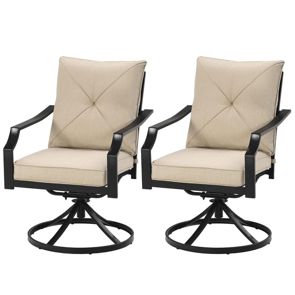 Black Steel Outdoor Patio Swivel Dining Chairs with Beige Cushion (2-Pack)