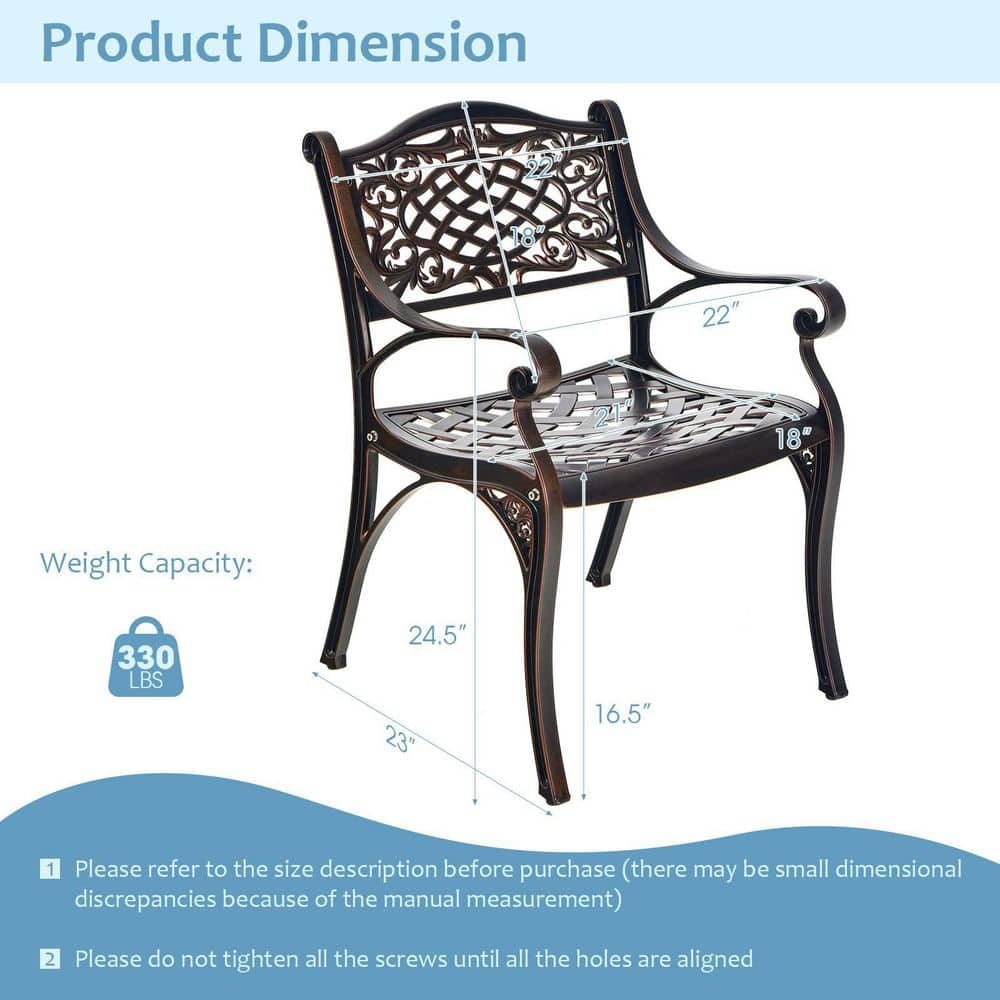 2-Piece Bronze Aluminum Outdoor Dining Chair with Armrests