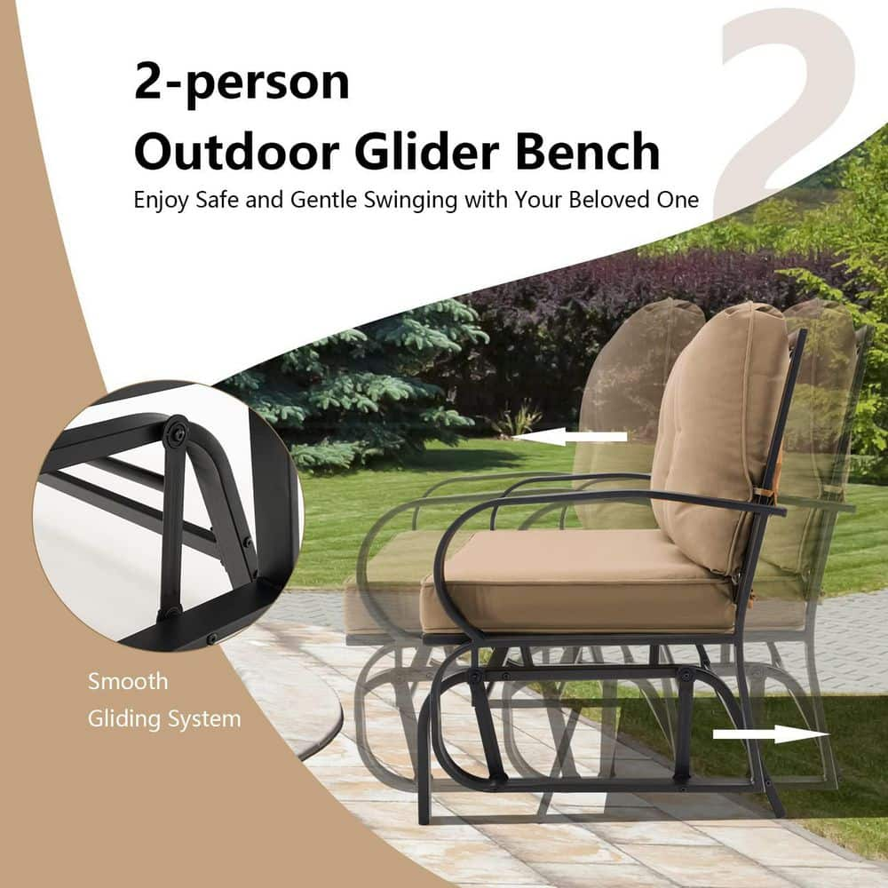 Black Metal 2-Person Outdoor Patio Glider with Beige Cushions