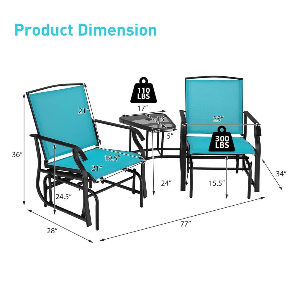 Turquoise Metal Double Patio Swing Glider Outdoor Rocking Chair Set