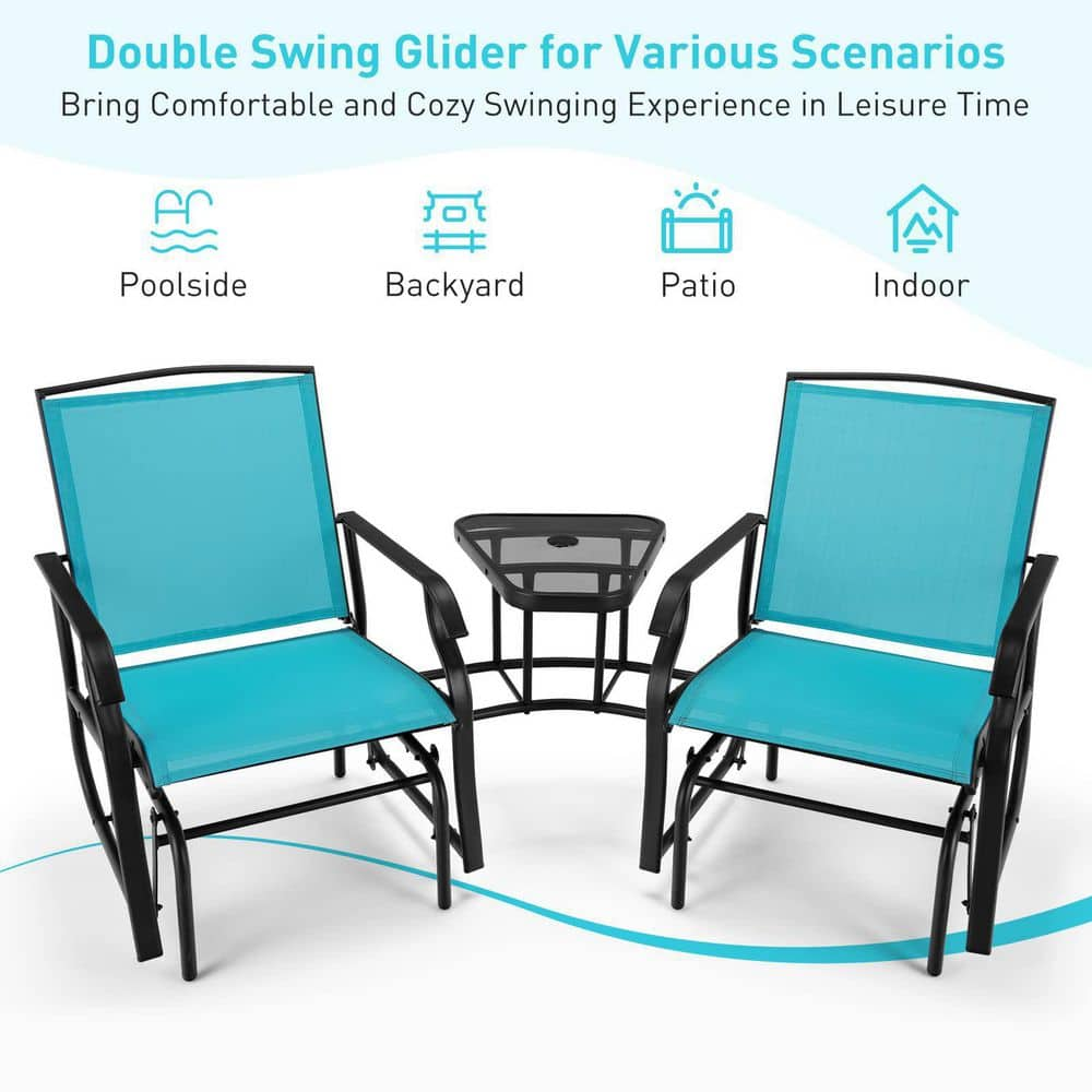 Turquoise Metal Double Patio Swing Glider Outdoor Rocking Chair Set