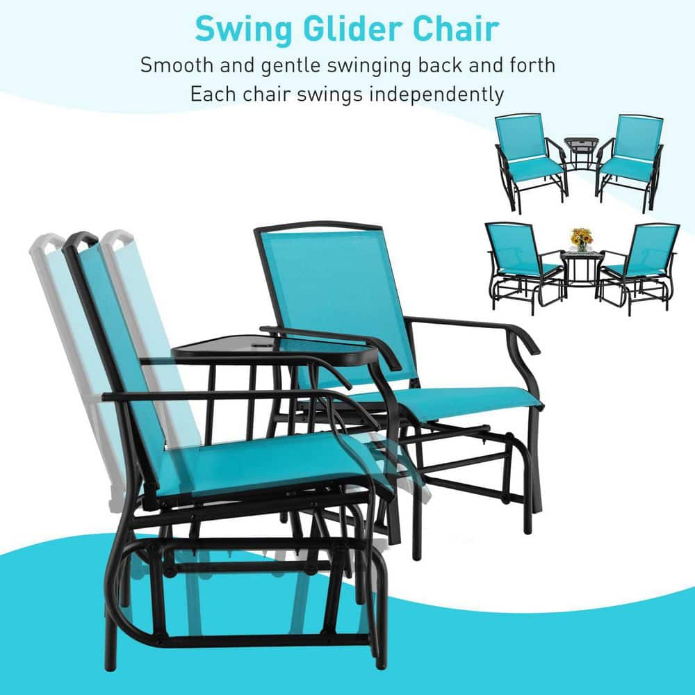 Turquoise Metal Double Patio Swing Glider Outdoor Rocking Chair Set