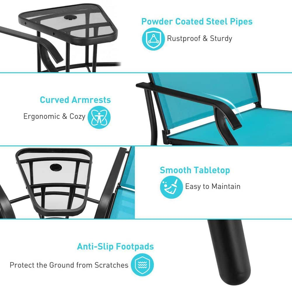 Turquoise Metal Double Patio Swing Glider Outdoor Rocking Chair Set