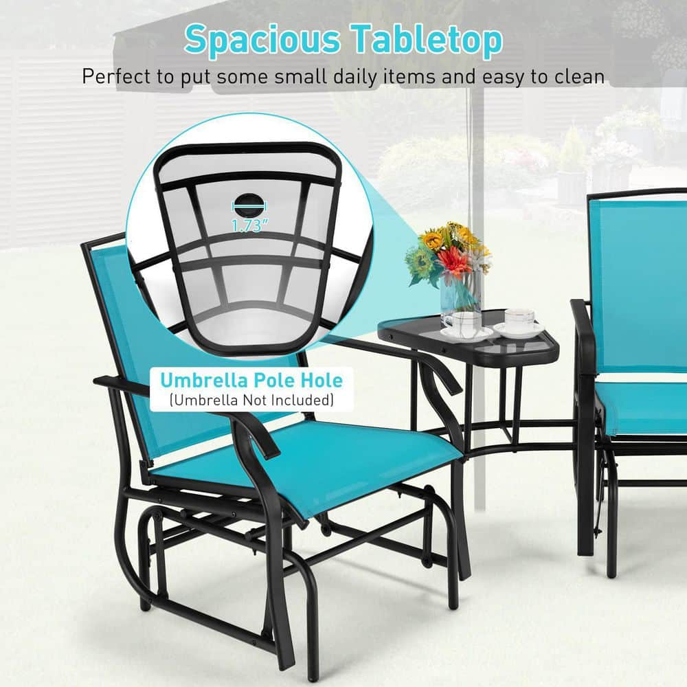 Turquoise Metal Double Patio Swing Glider Outdoor Rocking Chair Set