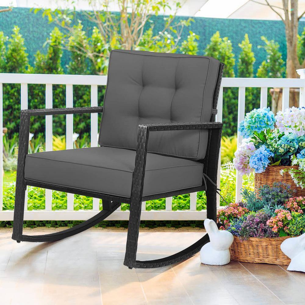 Wicker Outdoor Rocking Chair Outdoor Glider with Gray Cushion