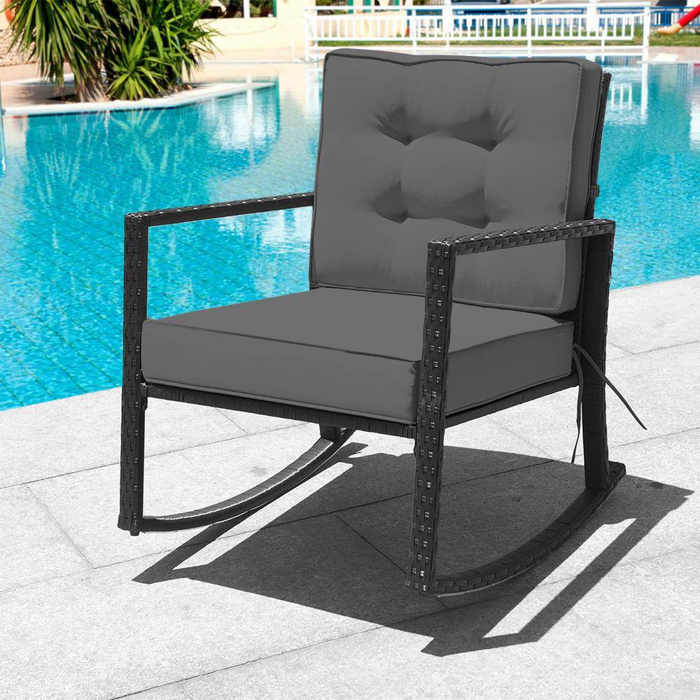 Wicker Outdoor Rocking Chair Outdoor Glider with Gray Cushion