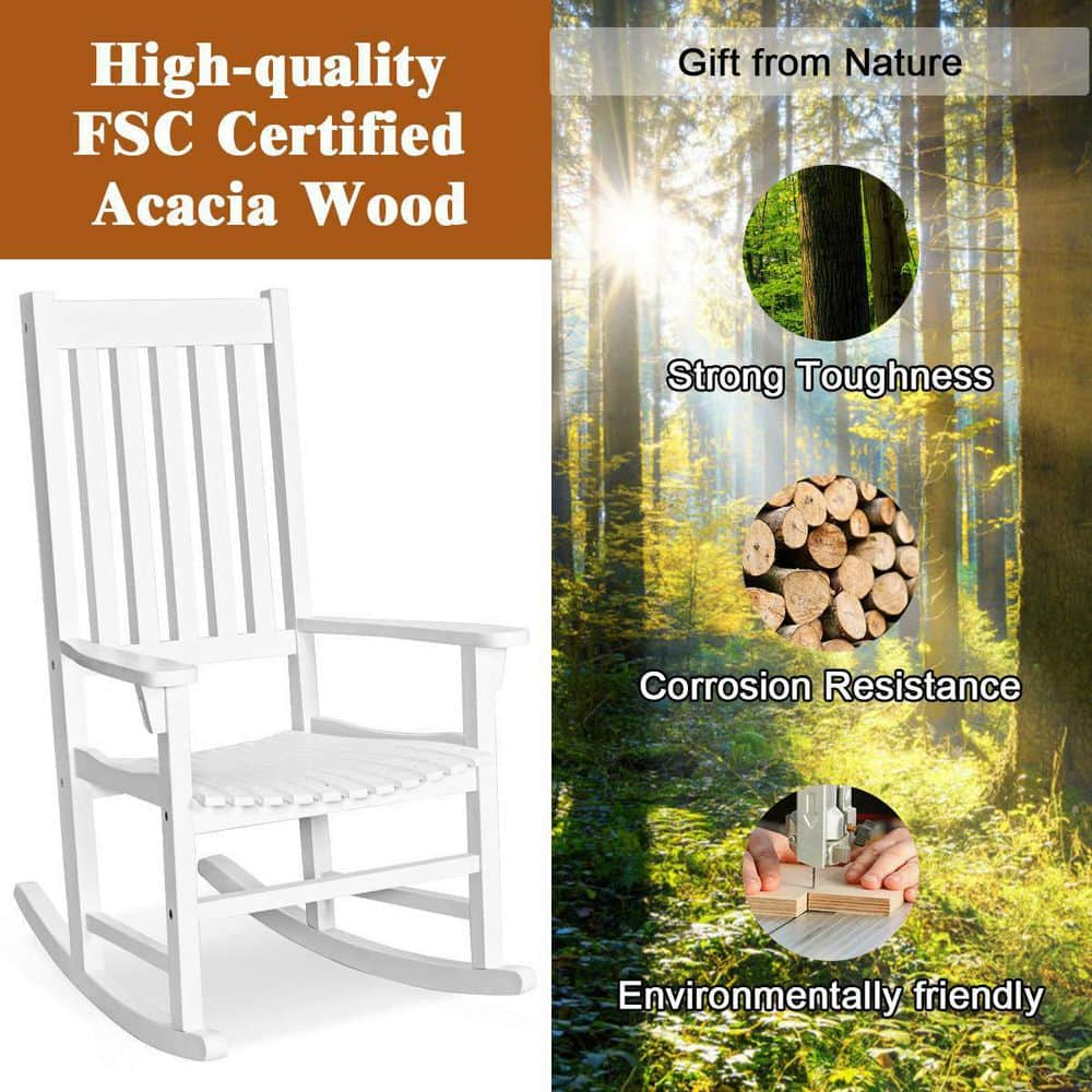 White Wooden High Back Outdoor Rocking Chair