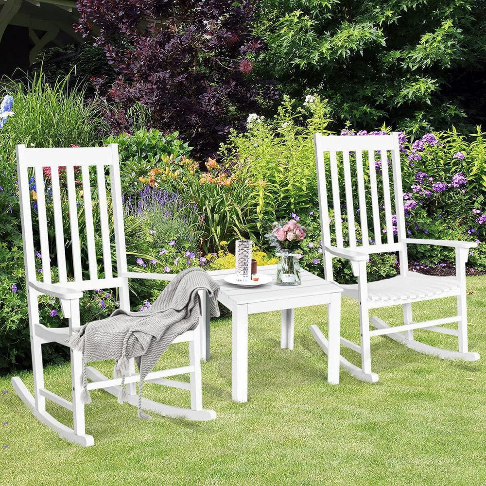 White Wooden High Back Outdoor Rocking Chair