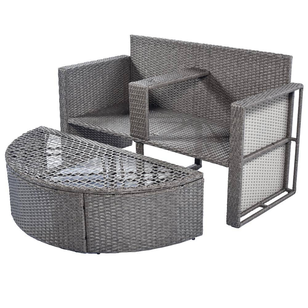 2-Piece All-Weather PE Wicker Outdoor Sectional Set Half-Moon Sectional Furniture Set with Gray Cushion