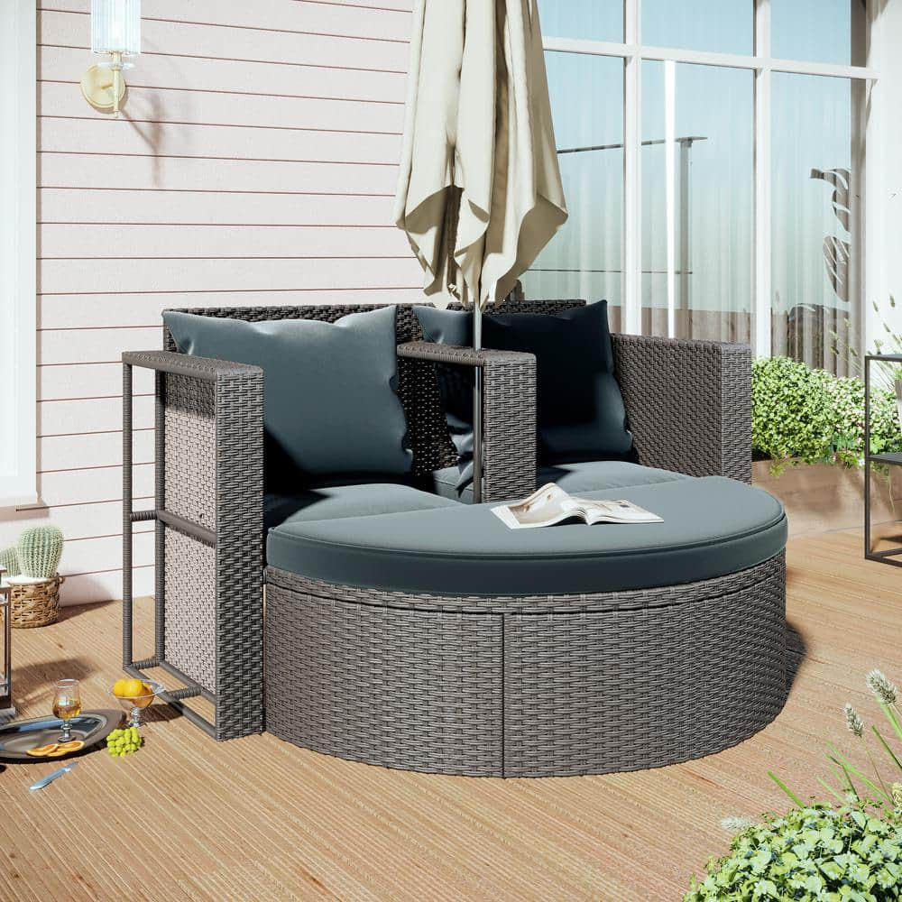 2-Piece All-Weather PE Wicker Outdoor Sectional Set Half-Moon Sectional Furniture Set with Gray Cushion