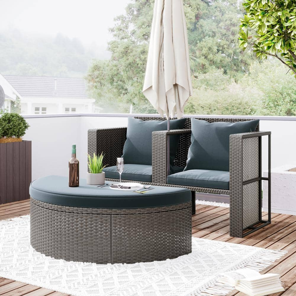 2-Piece All-Weather PE Wicker Outdoor Sectional Set Half-Moon Sectional Furniture Set with Gray Cushion