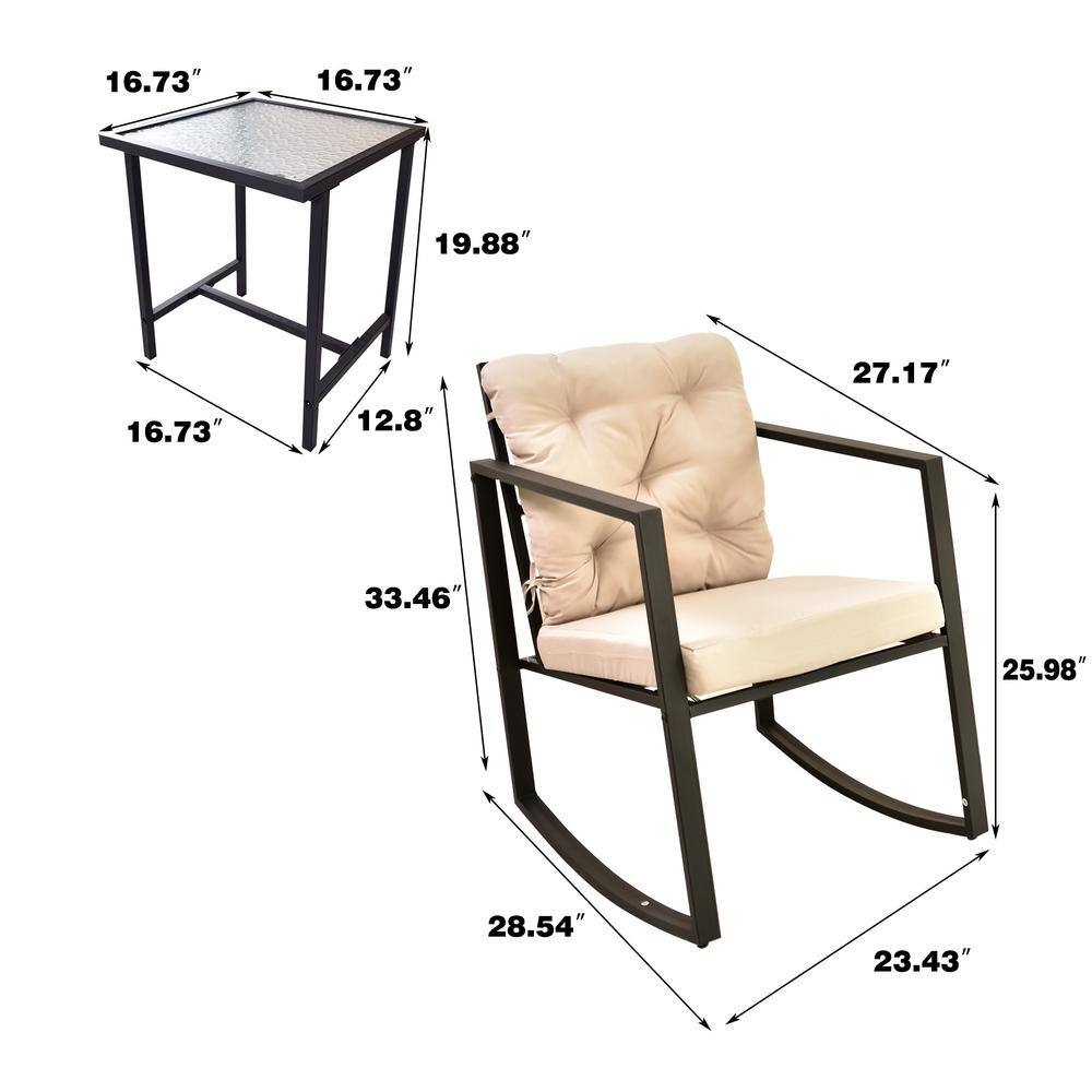 3-Piece Metal Patio Conversation Sets with Rocking Chair and Beige Cushion