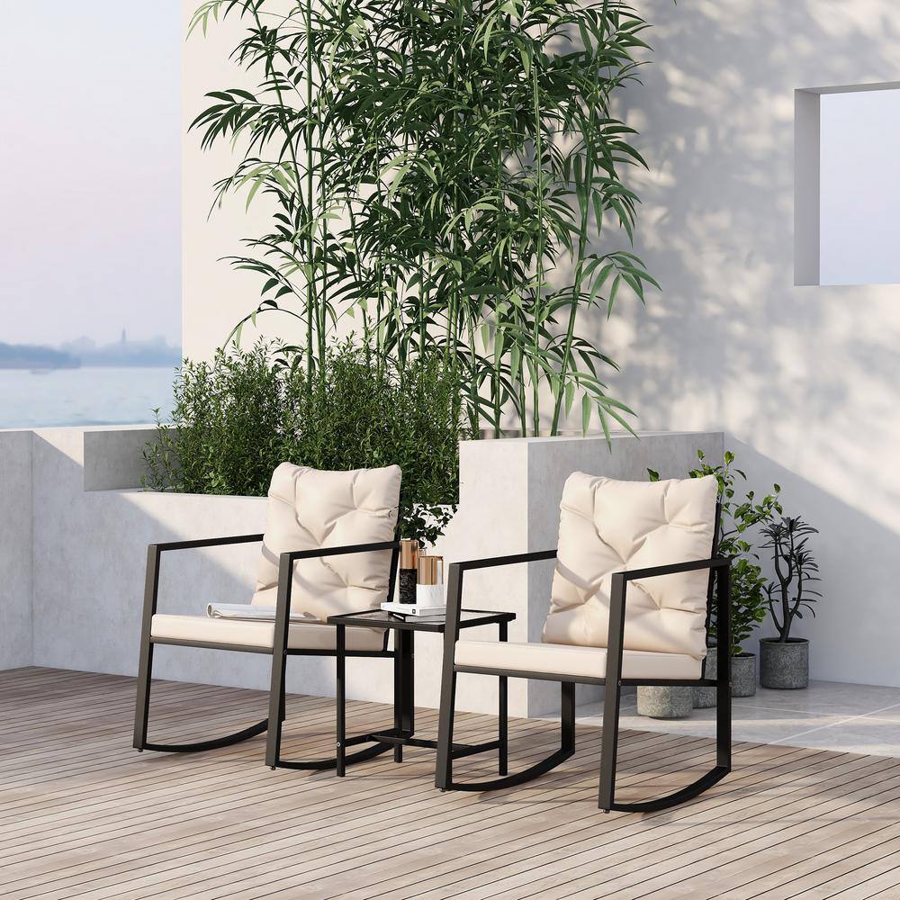 3-Piece Metal Patio Conversation Sets with Rocking Chair and Beige Cushion