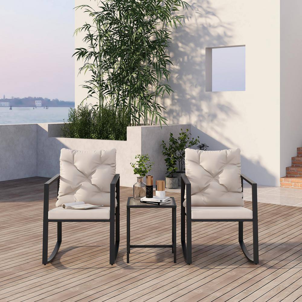 3-Piece Metal Patio Conversation Sets with Rocking Chair and Beige Cushion