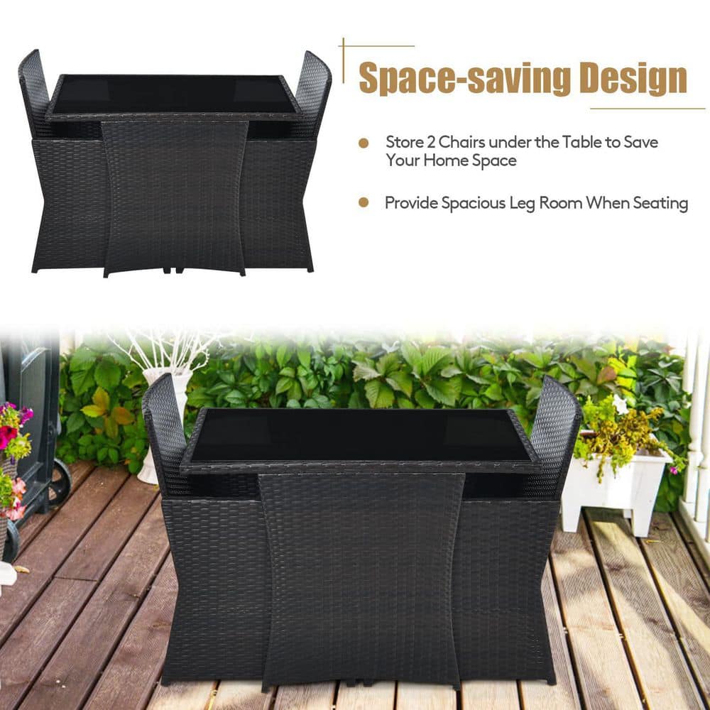 3-Piece Black Wicker Patio Conversation Set with Gray Cushions and Sofa Armrest